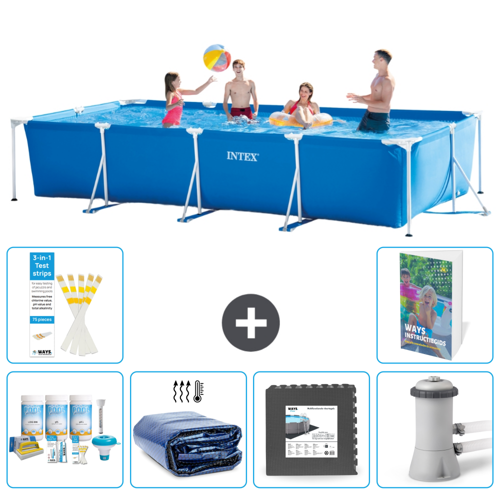 Rechthoekige zwembad met kinderen, teststrips, chemicaliën, afdekking, mat en filter.