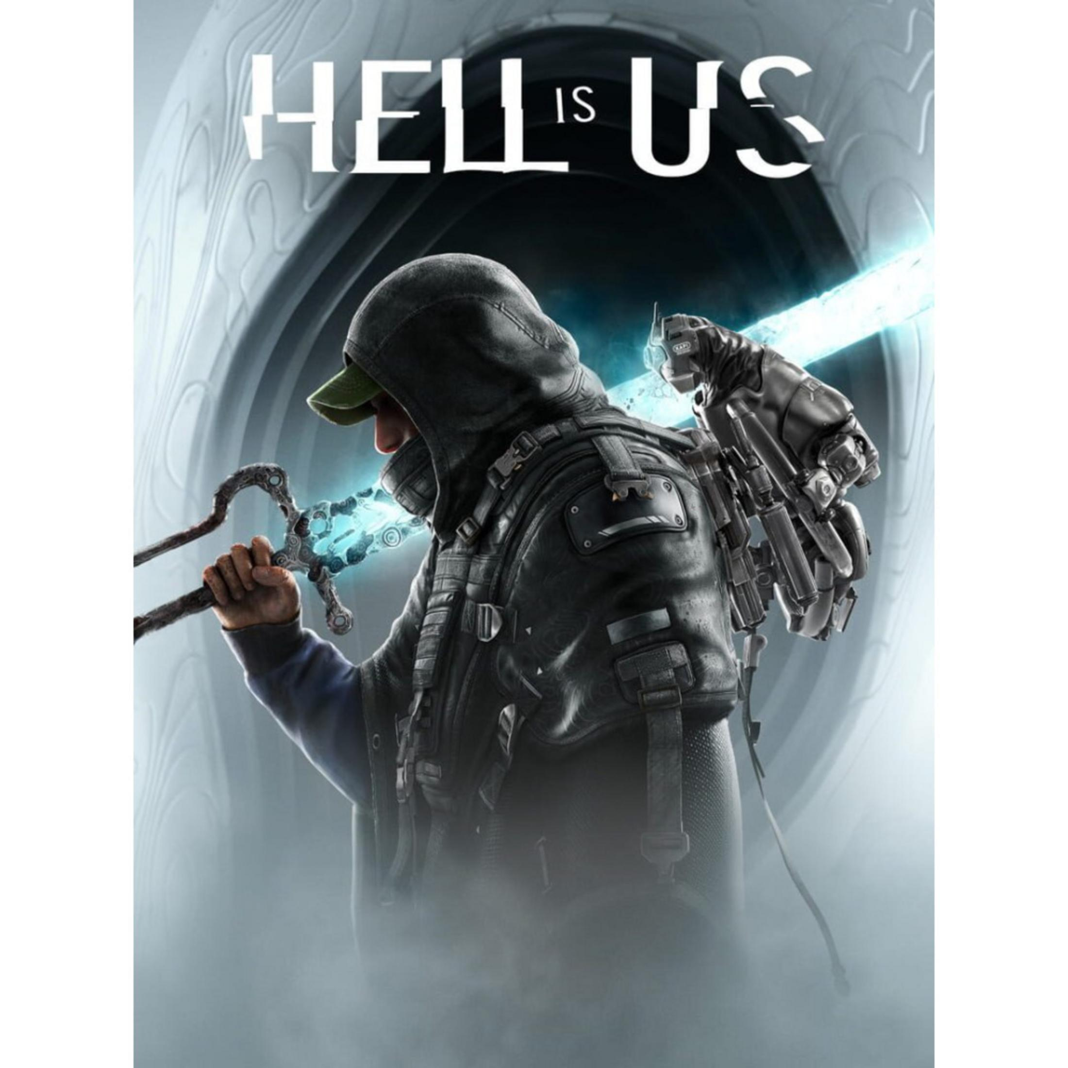 Un uomo in abiti scuri con cappuccio tiene una spada luminosa. Sopra c'è scritto "HELL IS US".