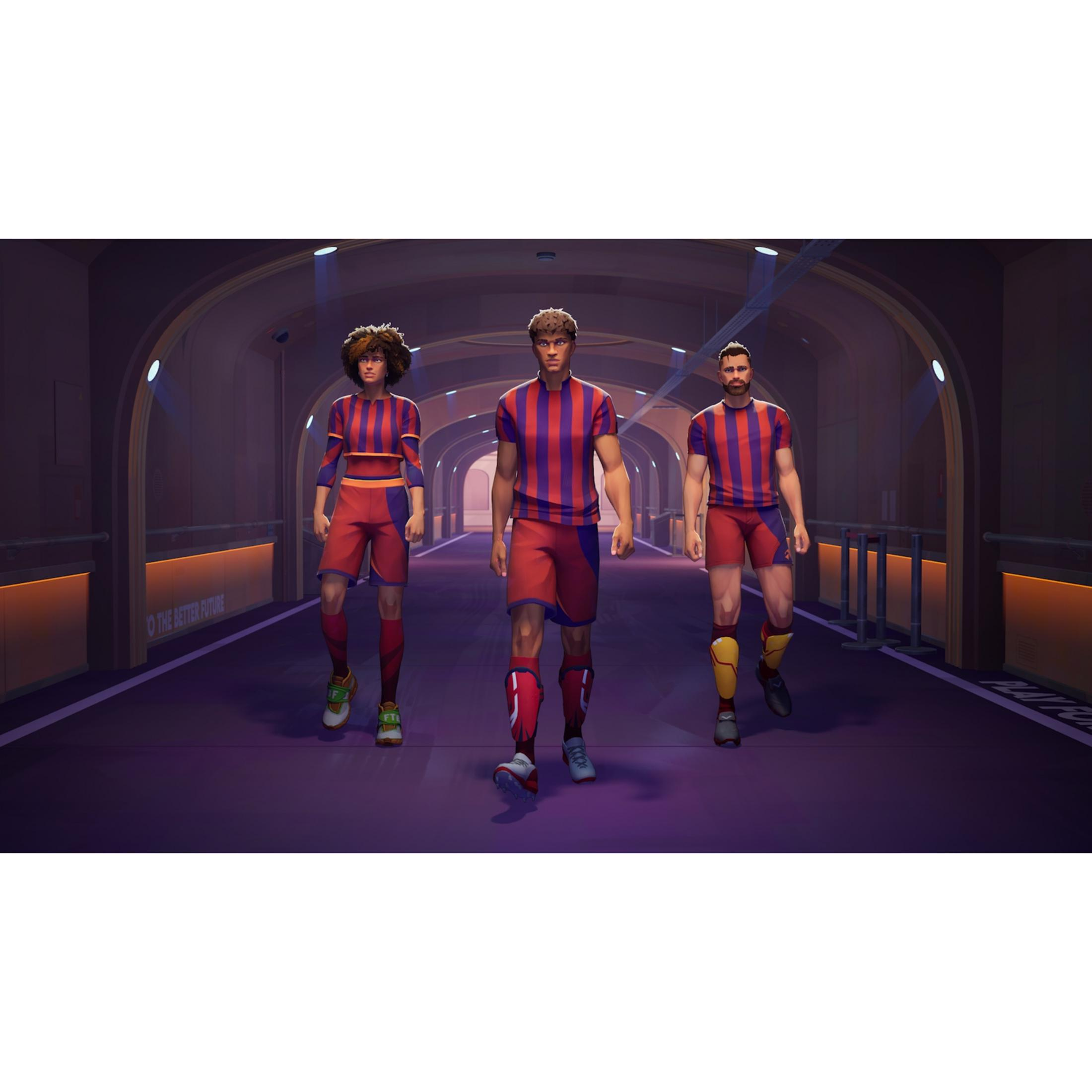 Trois footballeurs en maillots rayés rouge et bleu traversent un tunnel. L'un porte des protège-tibias jaunes.