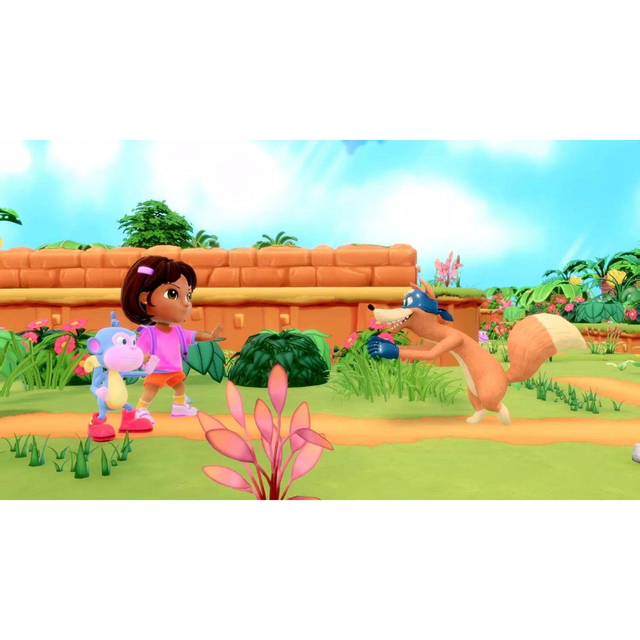 Dora and Boots stand before a wall. A fox with blue gloves is running away.