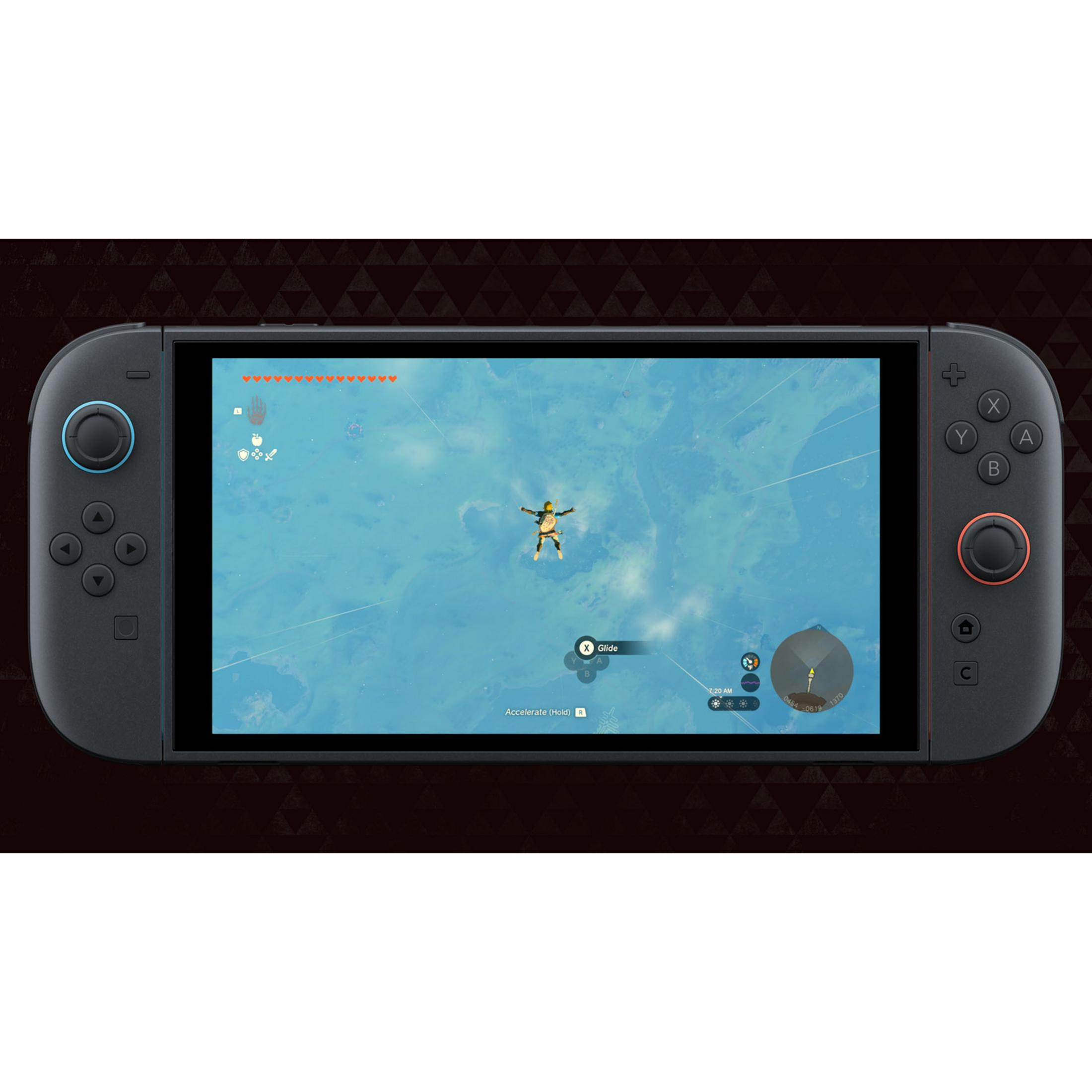 Nintendo Switch met personage dat in het spel glijdt. Toont levenspunten en spelinfo.