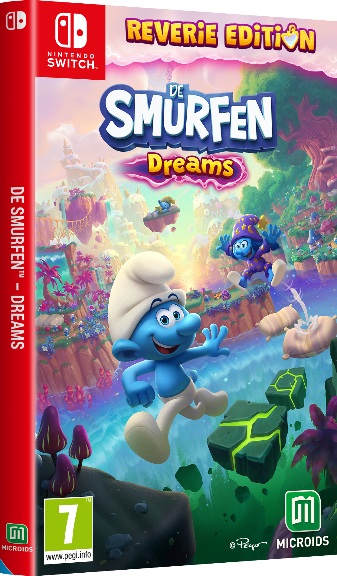 Een Smurf springt in een droomwereld met snoeparchitectuur en zwevende eilanden.