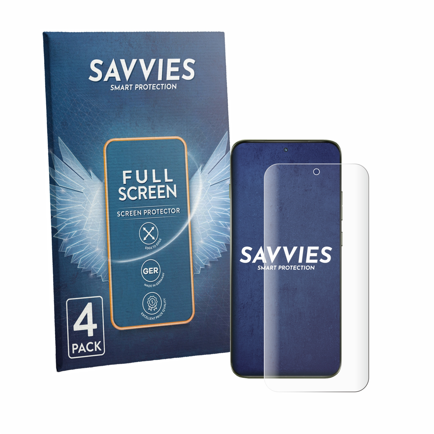SAVVIES Displayschutzfolie für 4er-Packung neben einem Smartphone.
