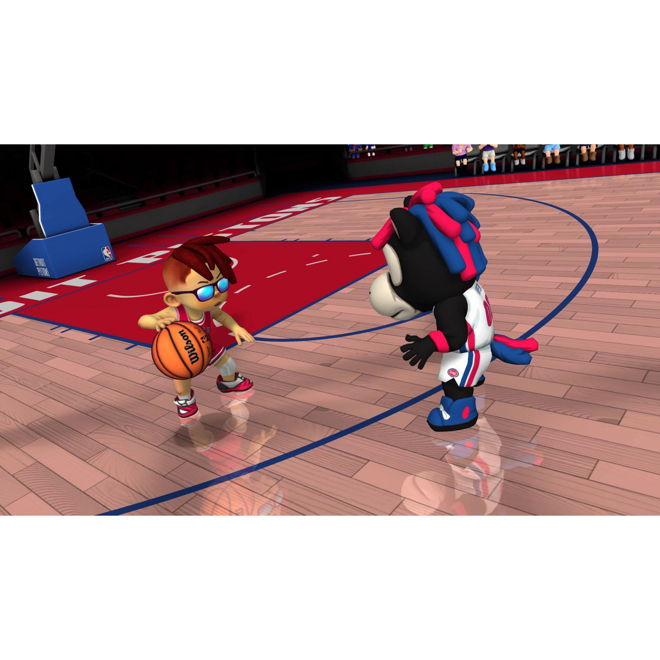 Een cartoonjongen met bal en mascotte op een basketbalveld.