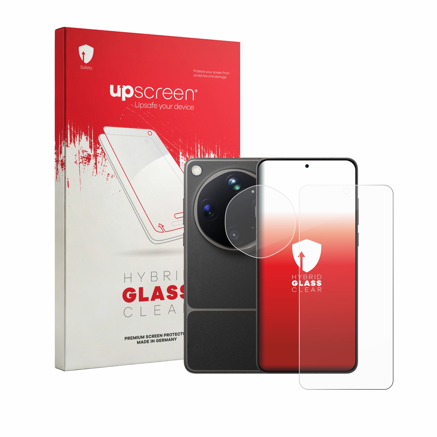 Upscreen Hybrid Glass Clear Displayschutzfolie-Verpackung neben einem Smartphone.