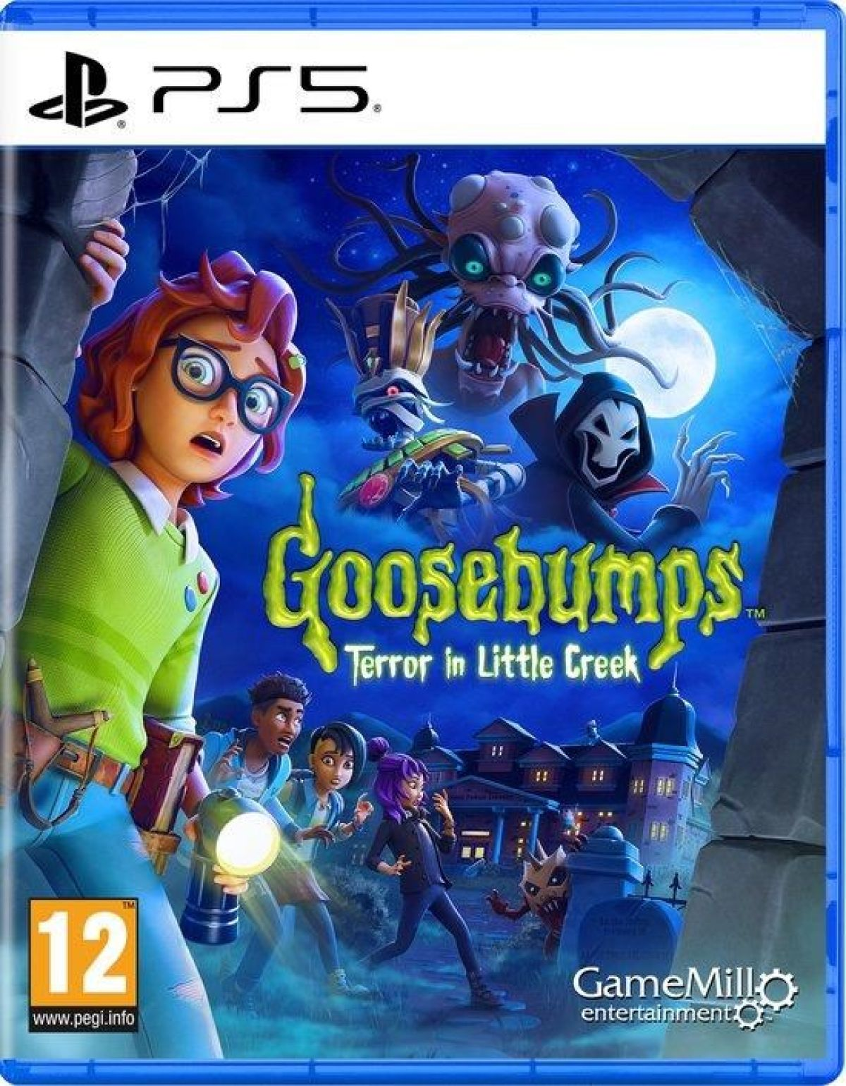 Copertina PS5 Goosebumps: ragazza, mostri, casa infestata, chiaro di luna. 12 anni.
