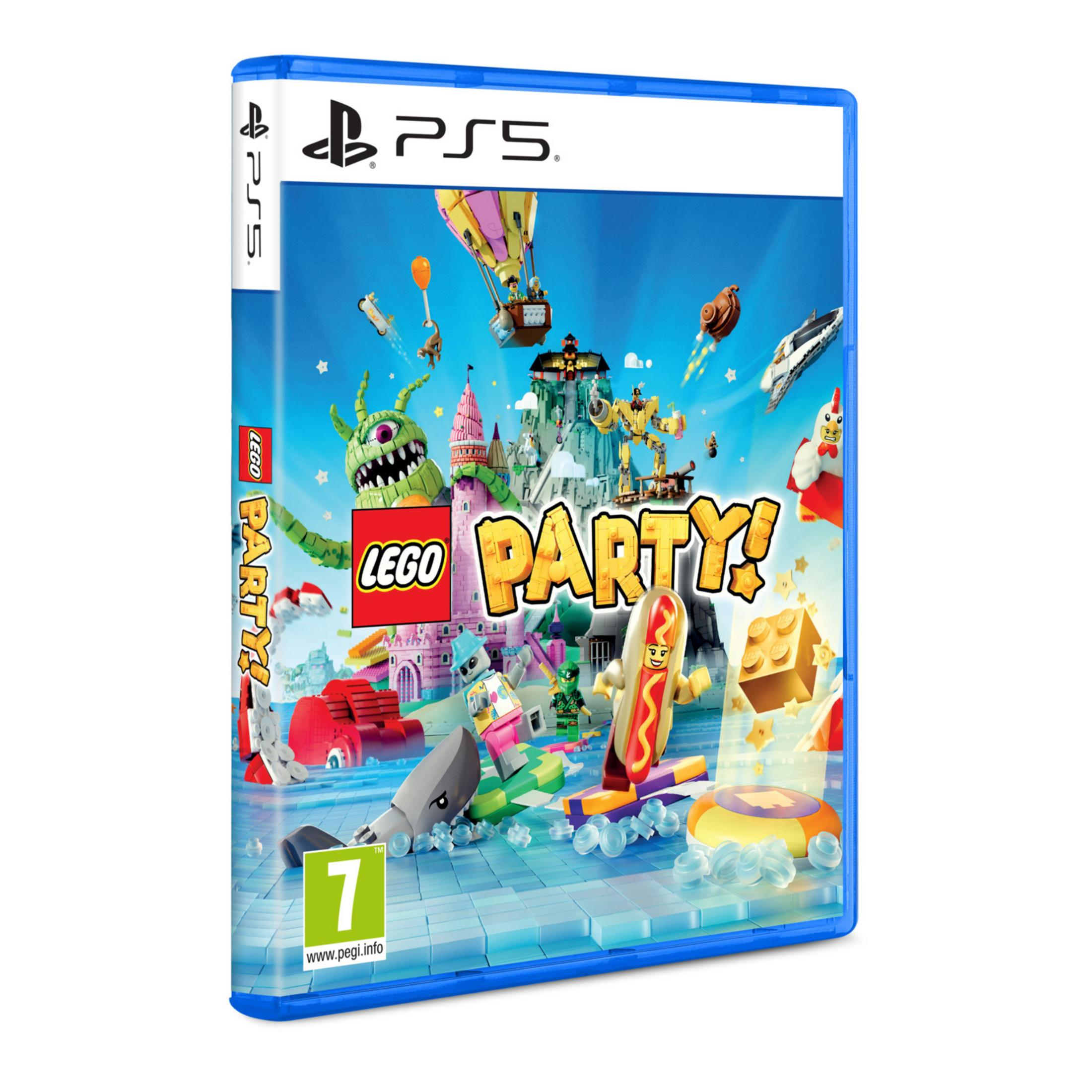 Boîtier de jeu PS5 : Pochette Lego Party! avec monstre, ballons, château, figurine hot-dog.