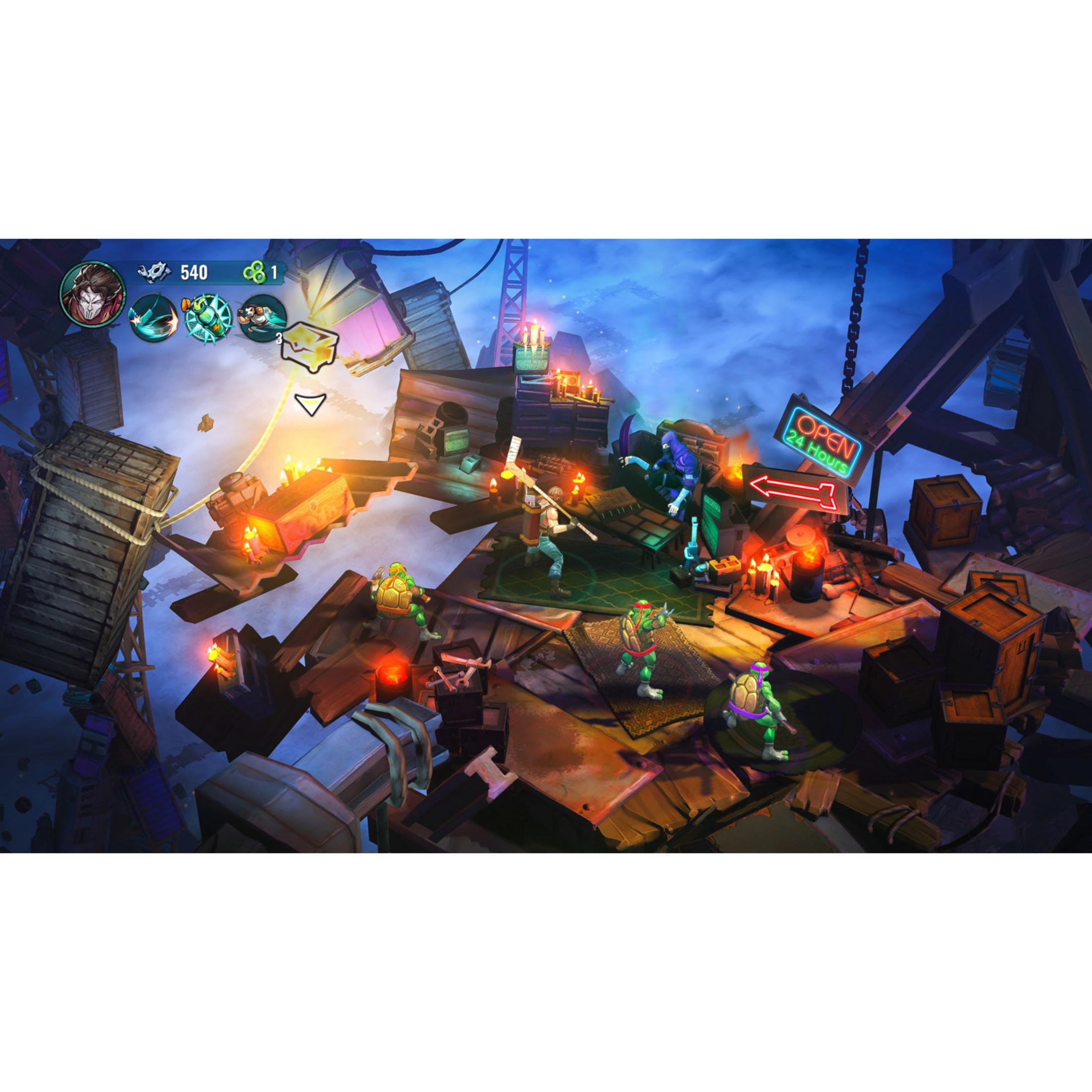Four Teenage Mutant Ninja Turtles battle in a destroyed city with wooden crates and neon lights.