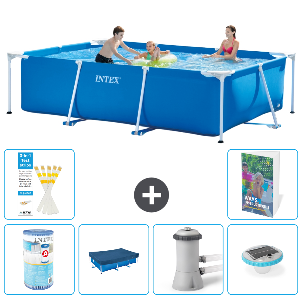 Rechthoekig blauw Intex zwembad met gezin. Inclusief teststrips, afdekking, pomp, solar afdekking.