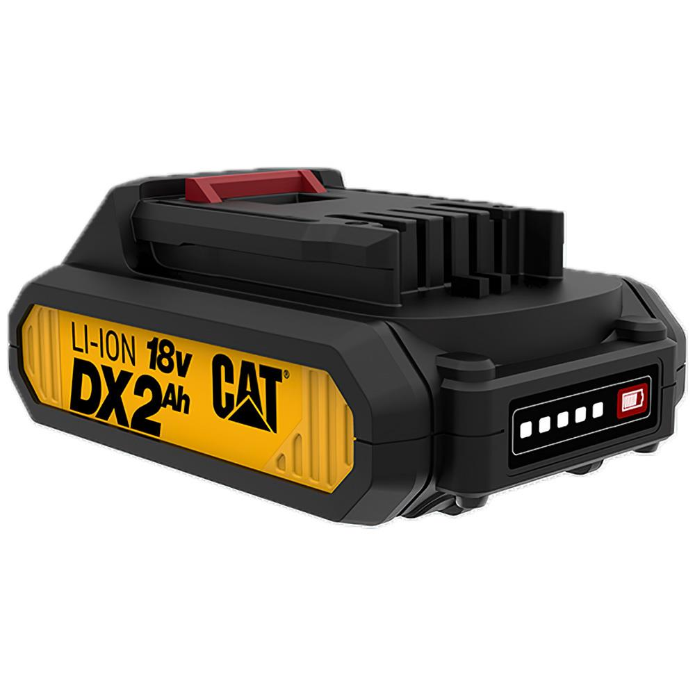 Sarı vurgulu siyah CAT pil, 18V, DX2Ah, şarj göstergeli.