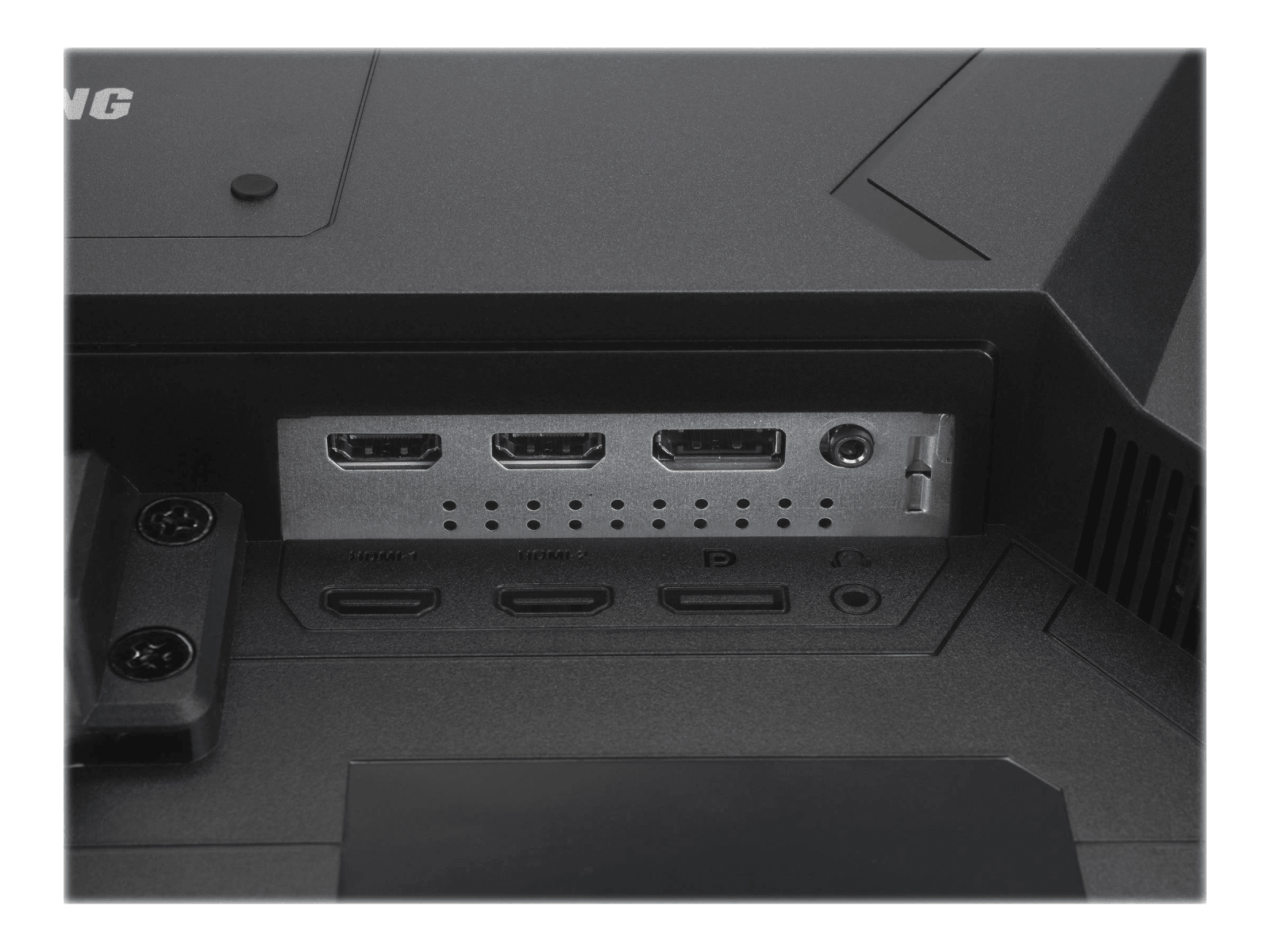 Rückseite eines Monitors mit Anschlüssen: HDMI, USB, Audiobuchse.