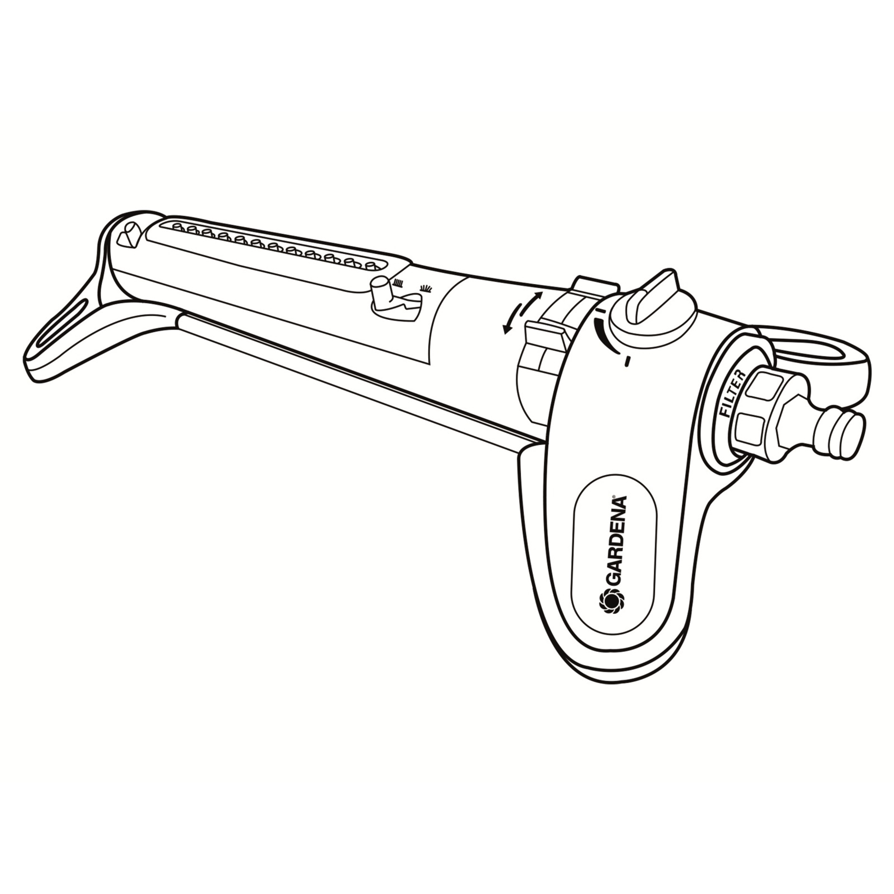 Disegno al tratto di un irrigatore oscillante Gardena con filtro e impostazioni regolabili.
