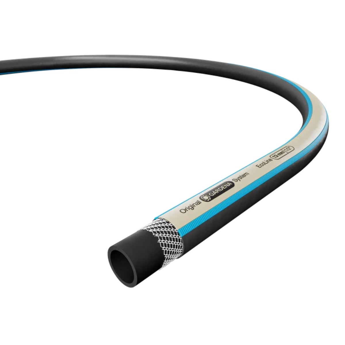 Tubo da giardino nero con striscia bianco-azzurra e trama a rete.