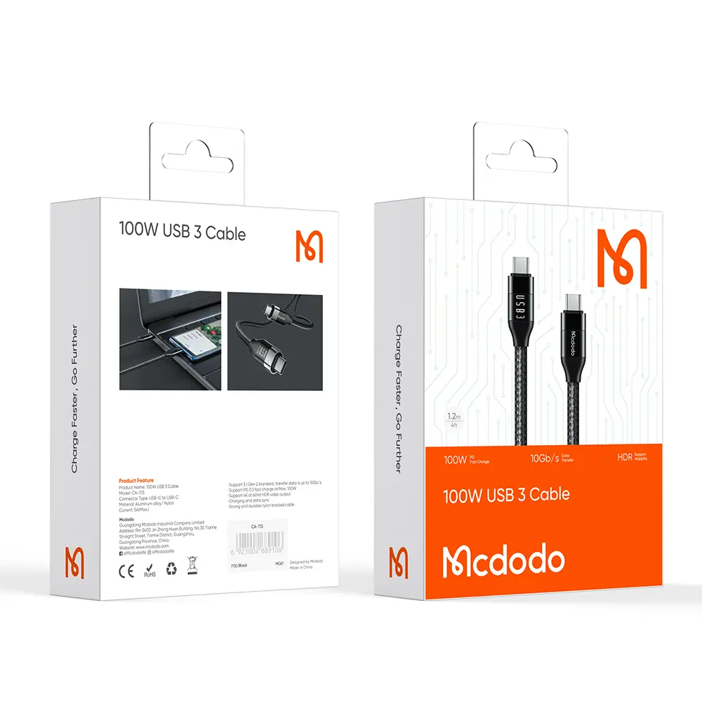 Mcodo 100W USB-C - USB-C kablosu için konektör detayları ve özellikleri içeren ambalaj.