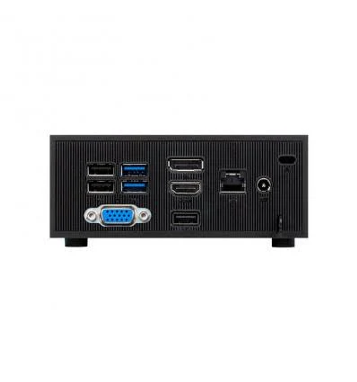 Rückseite eines schwarzen Mini-PCs mit mehreren Anschlüssen: USB, HDMI, VGA, LAN und Strom.