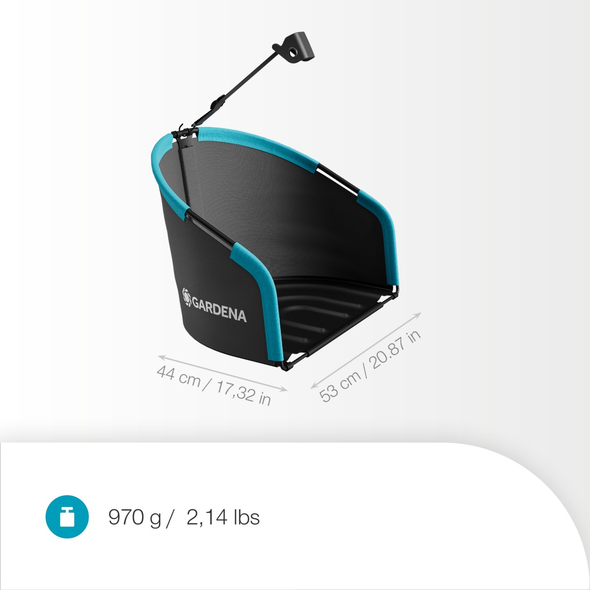 Borsa da giardino Gardena nera e blu con dimensioni.