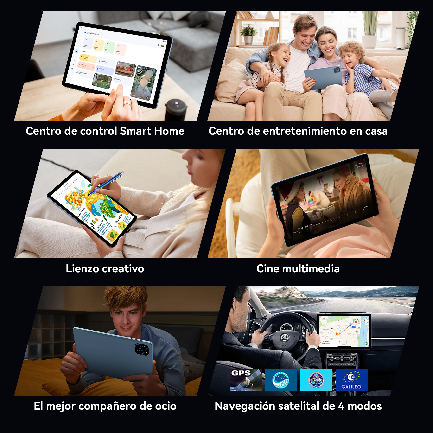 Tablet muestra control del hogar inteligente. Familia mira tablet. Persona dibuja en tablet. Persona ve película en tablet. Hombre sostiene tablet. Navegación de coche.