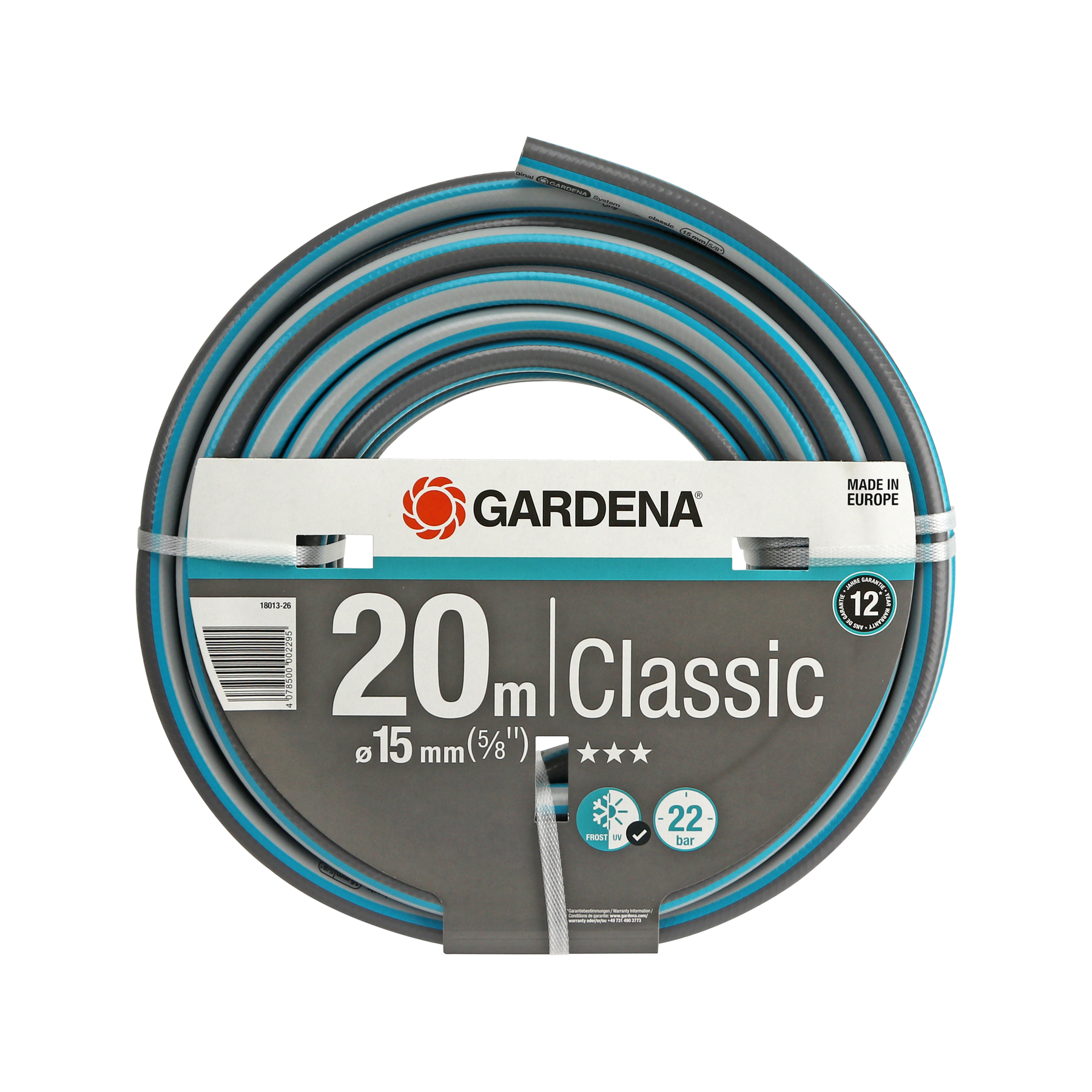 Tubo GARDENA 20m Classic, 15mm diametro, grigio/blu, resistente al gelo e UV.