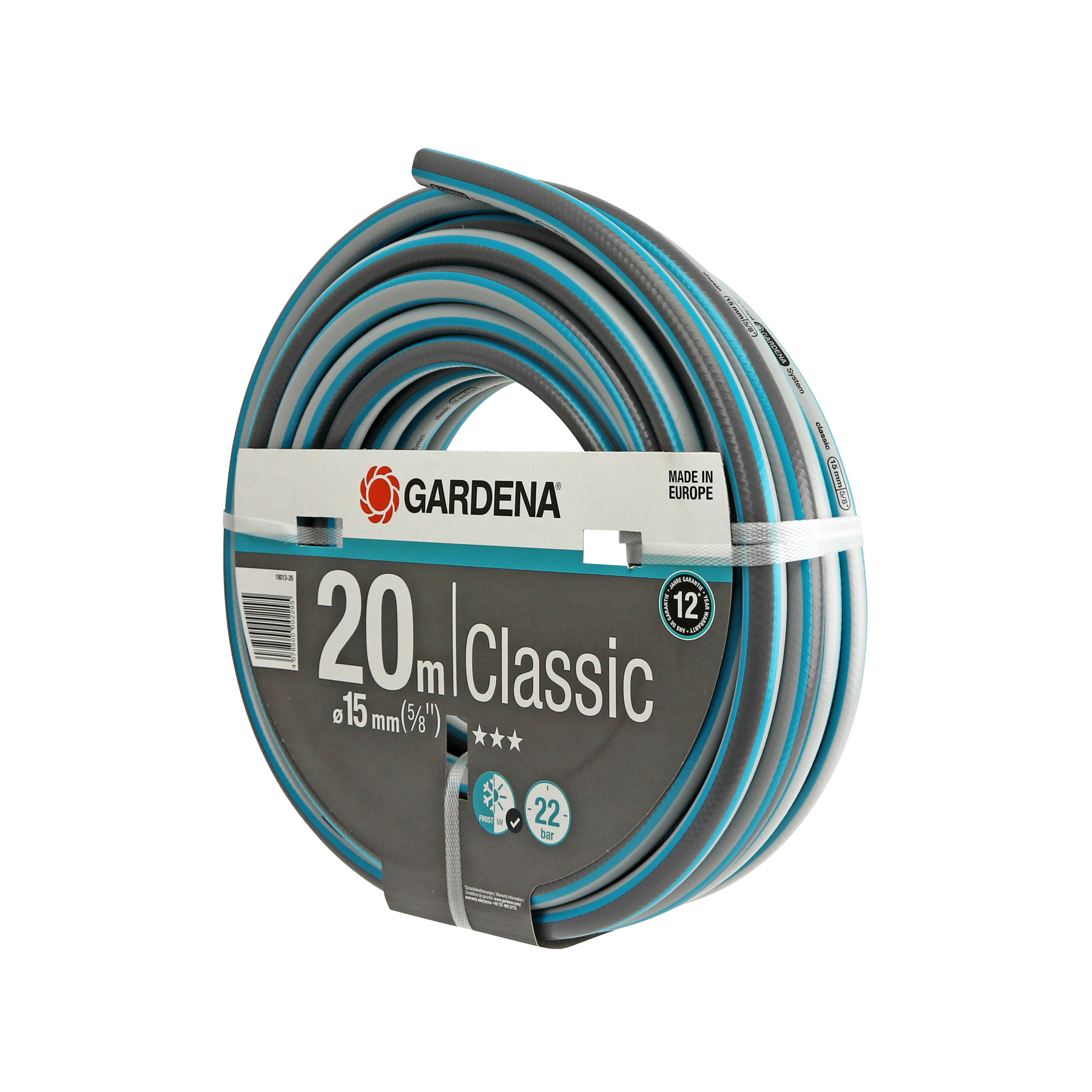 Un tubo da giardino Gardena Classic da 20m arrotolato, Ø 15mm, con confezione.