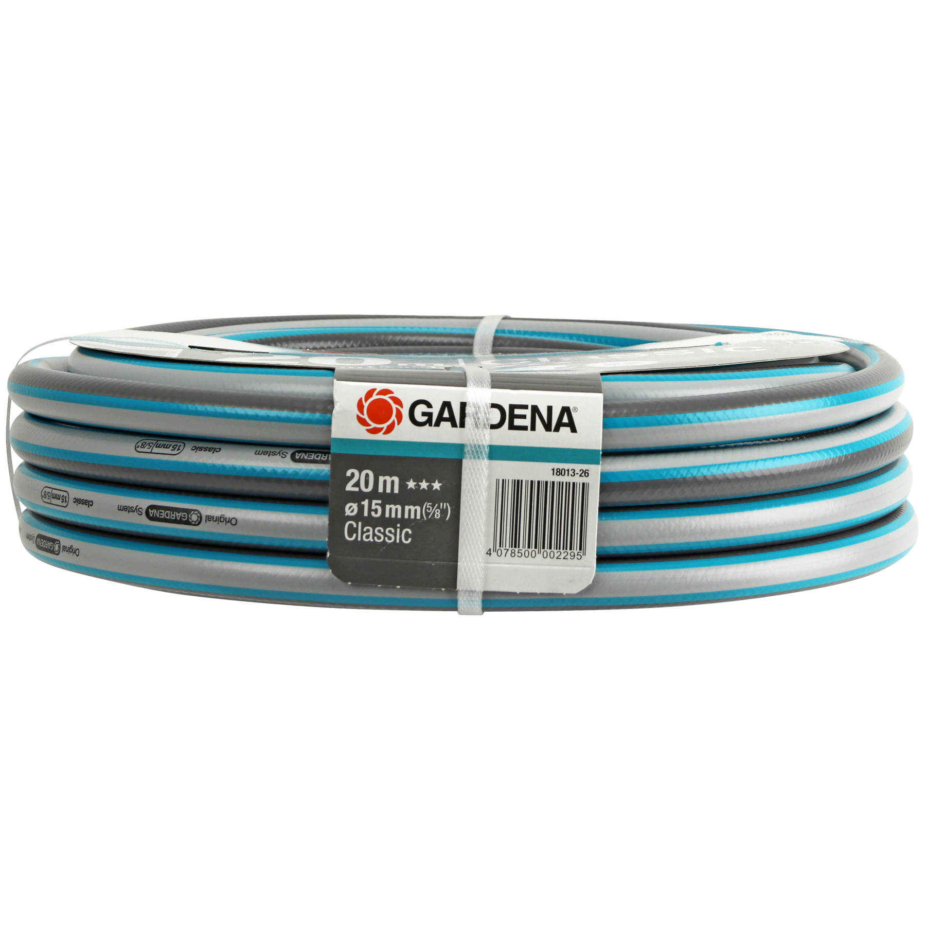 Un tubo da giardino Gardena avvolto in grigio, blu e bianco con etichetta.