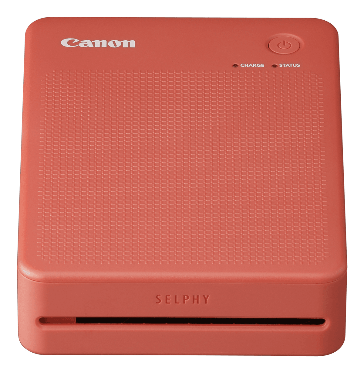 Impresora Canon SELPHY roja coral con indicadores de carga y estado.