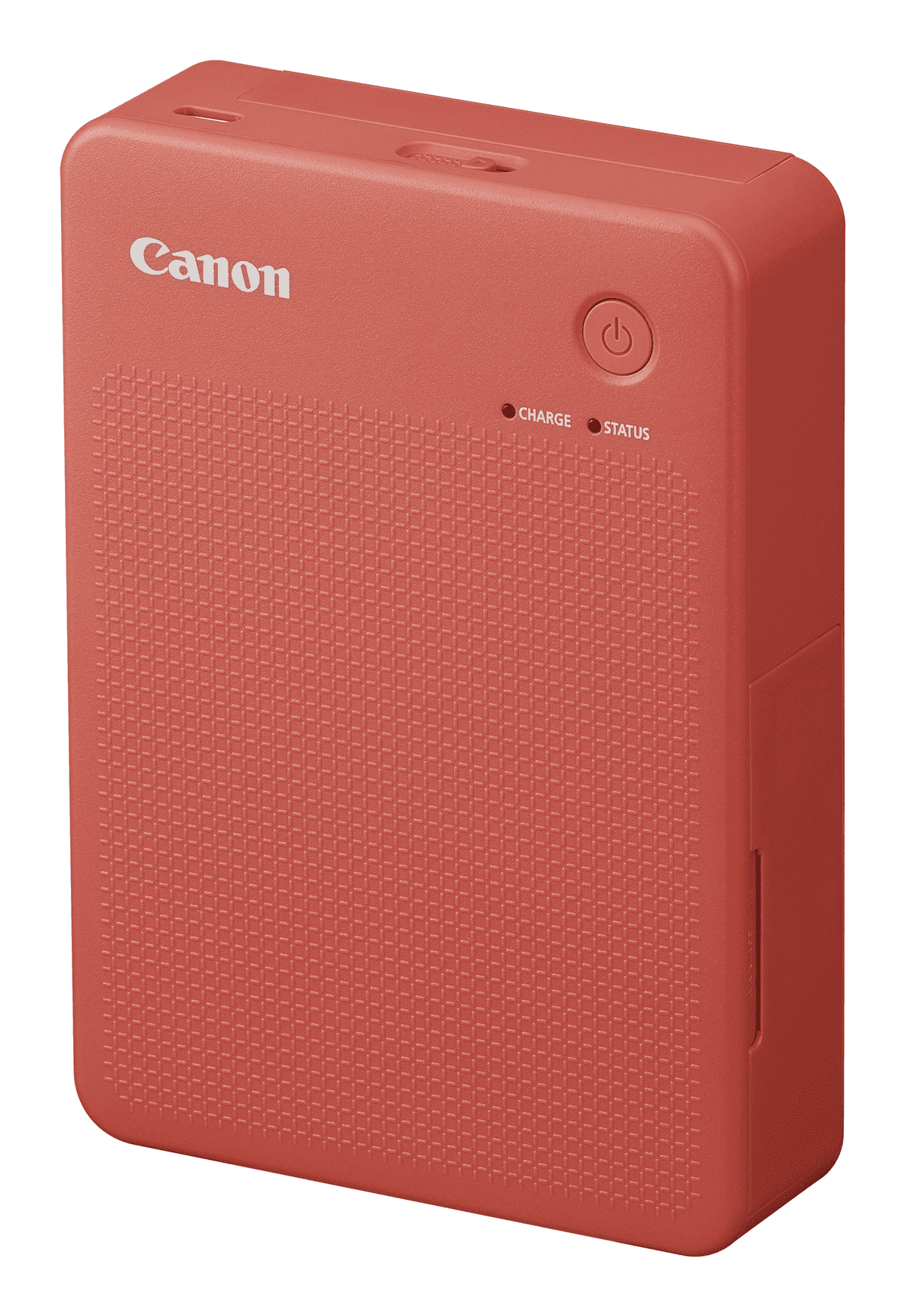 Una impresora Canon rojo coral con botón de encendido e indicadores de carga/estado.