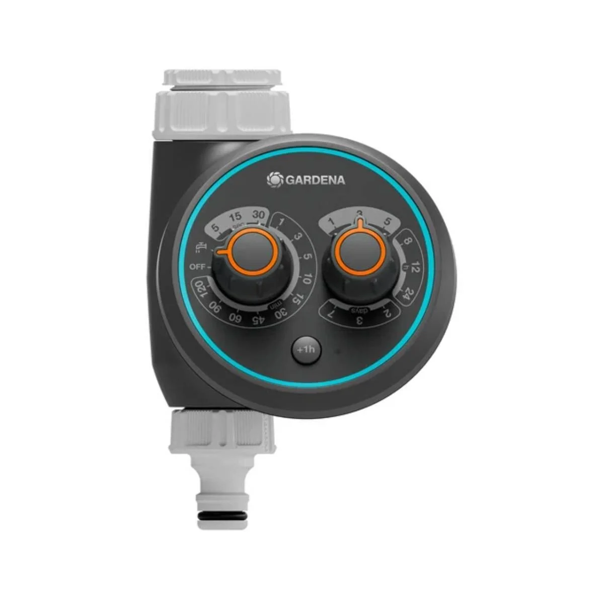 Un timer per irrigazione Gardena nero con due quadranti e scale per minuti e giorni.
