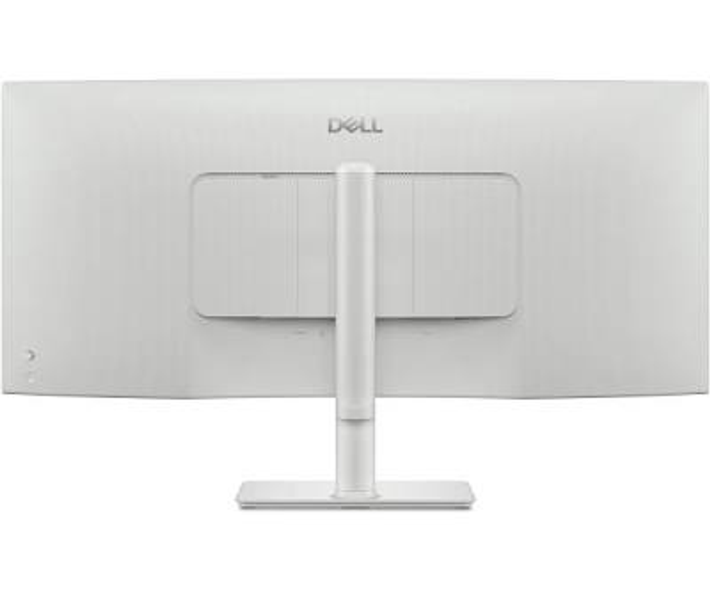 De achterkant van een witte Dell monitor met standaard. Het Dell-logo staat bovenaan in het midden.