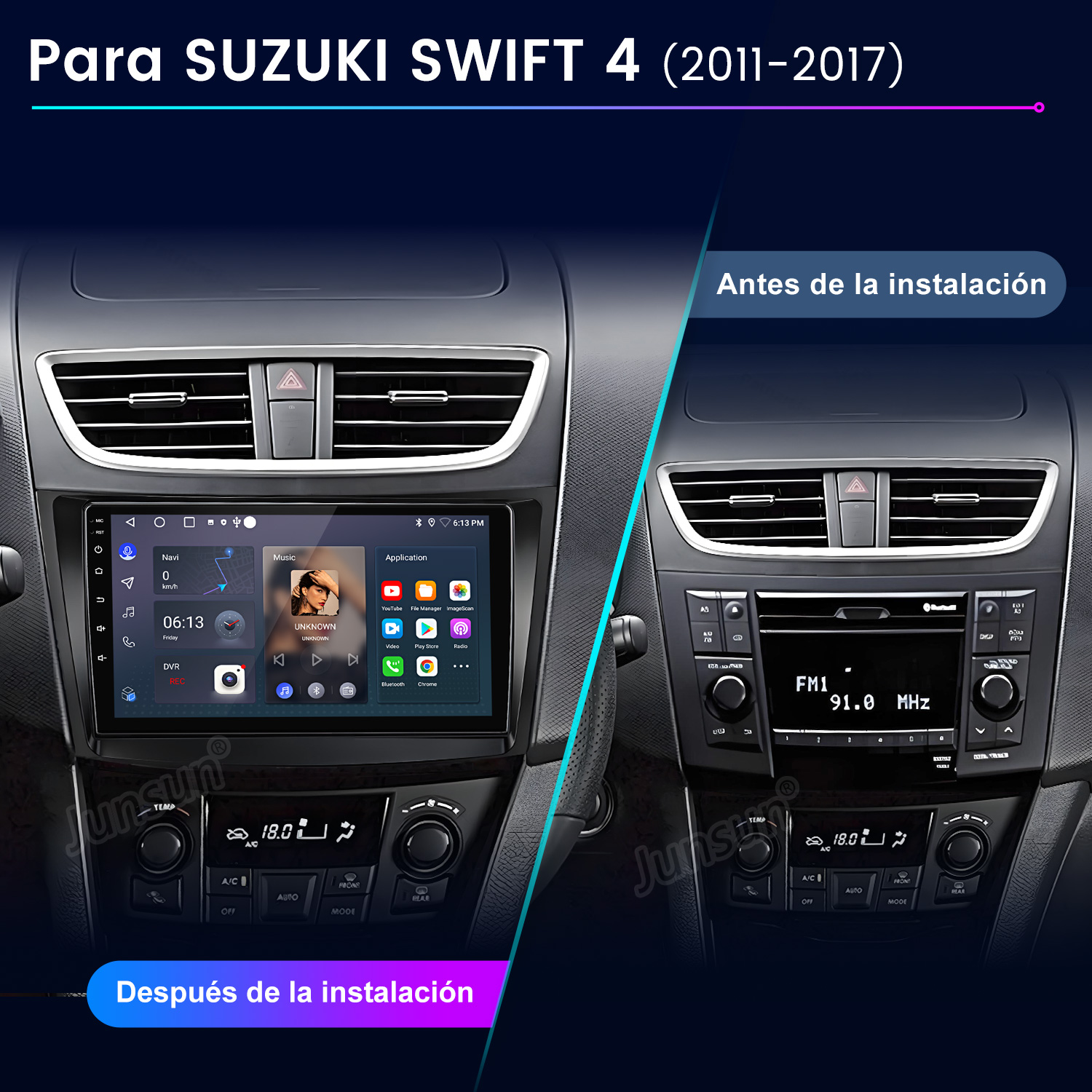 Suzuki Swift autórádió előtte/utána összehasonlítás: eredeti egység vs új érintőképernyős rendszer.