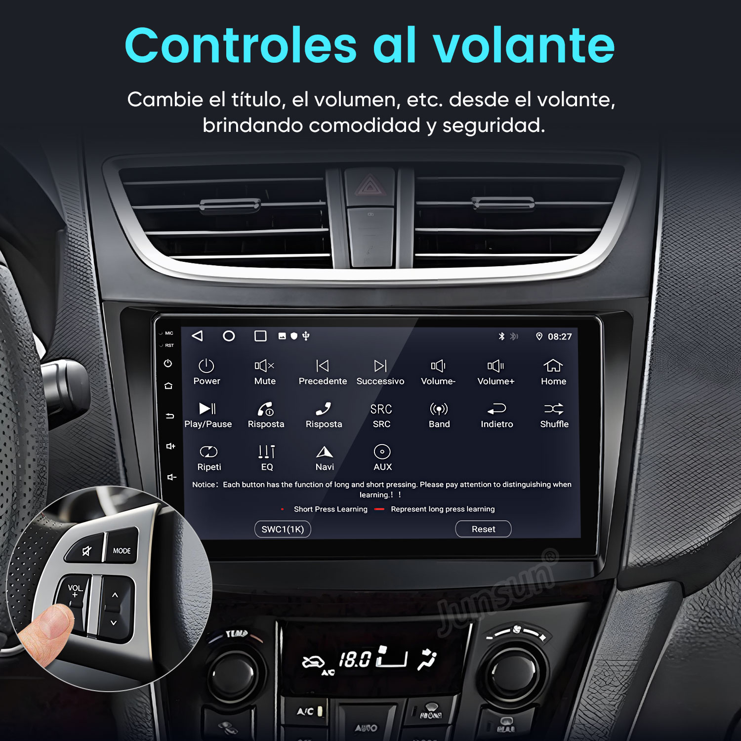 Un dedo opera los botones de volumen del volante de un coche, se ve la pantalla del estéreo.