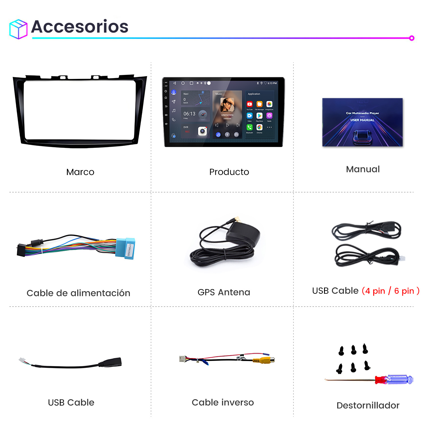 Un marco, una pantalla, un manual, cables y tornillos.