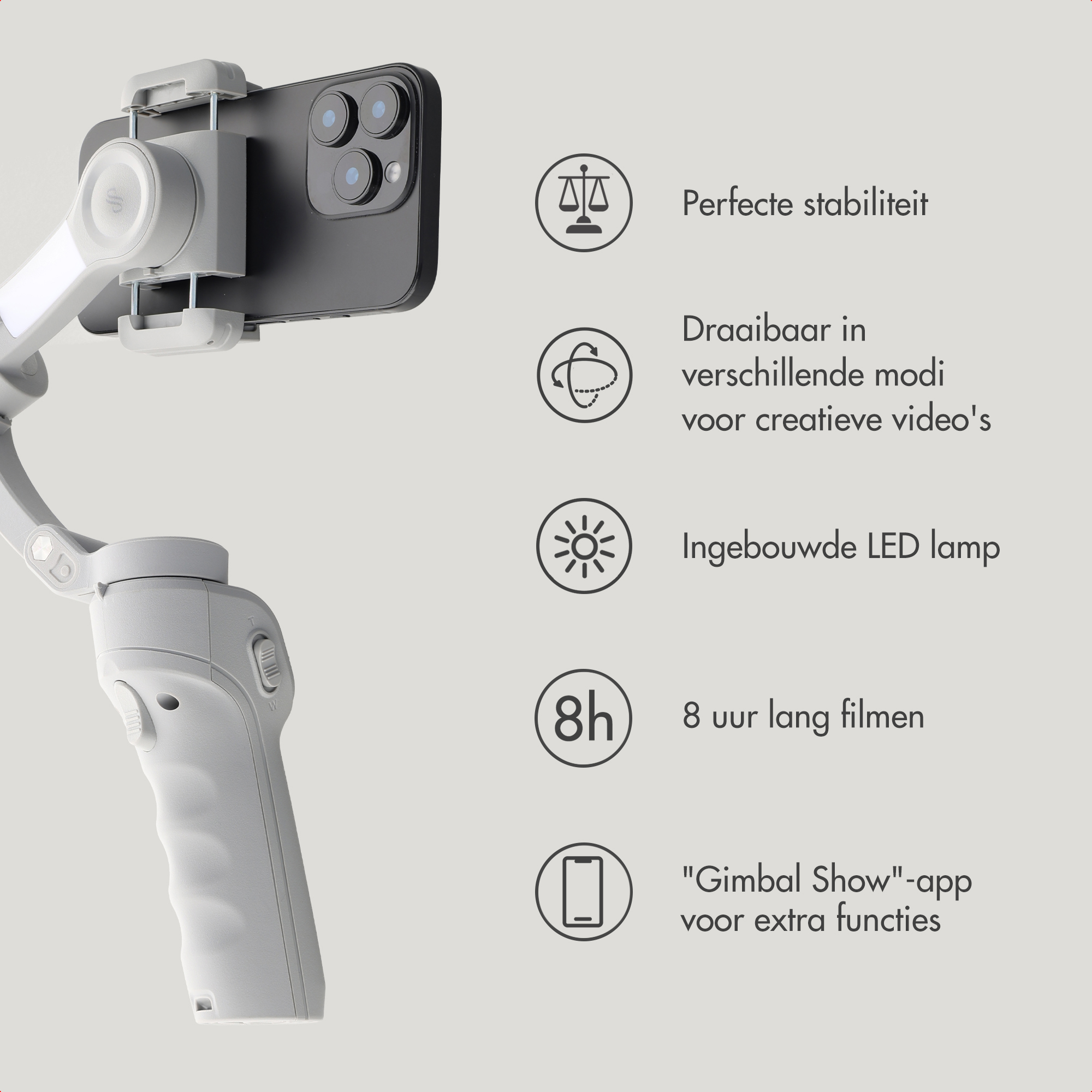 A gray gimbal holds a smartphone. Features: stability, modes, LED, 8h battery, app.