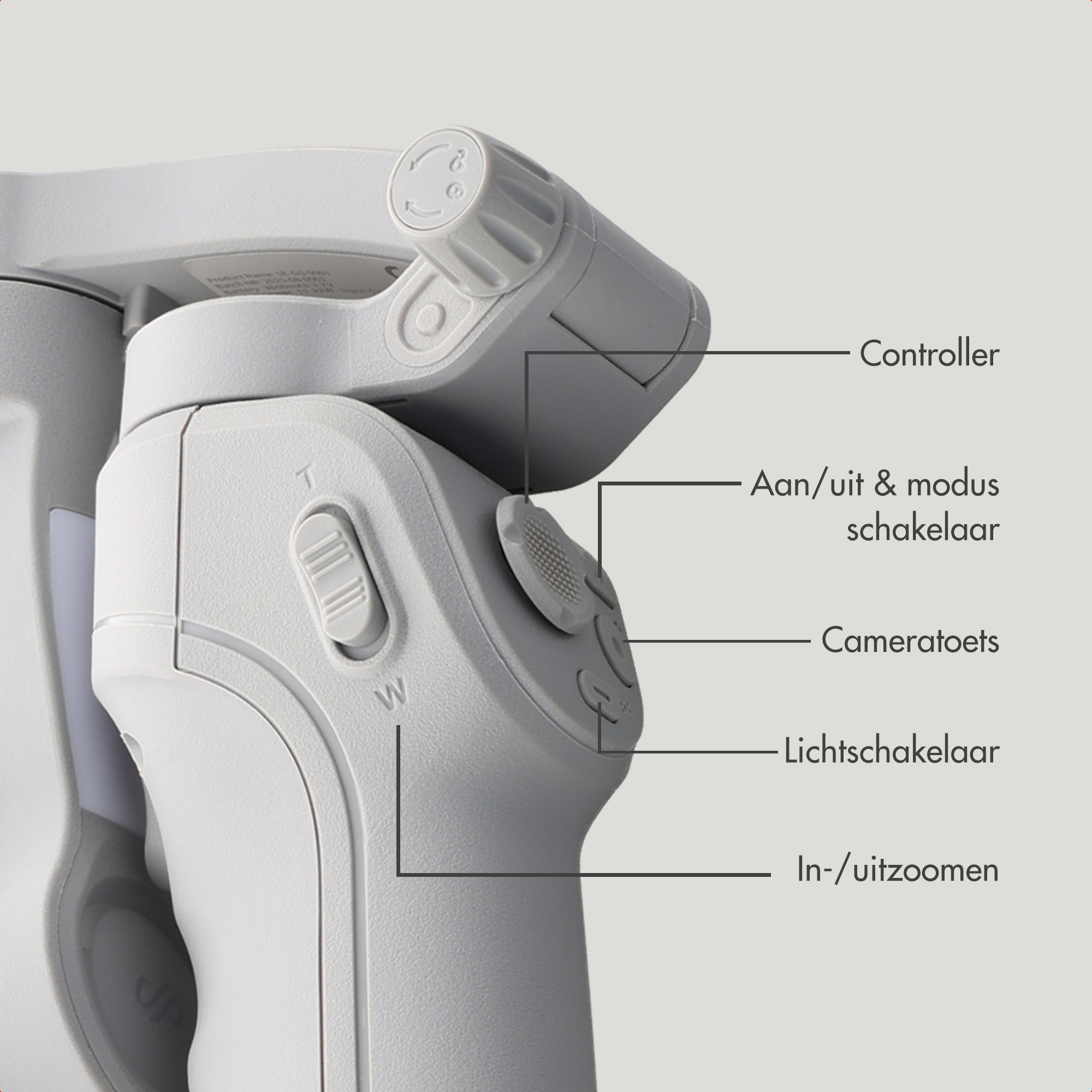 Close-up of a white controller with labels for buttons and functions.