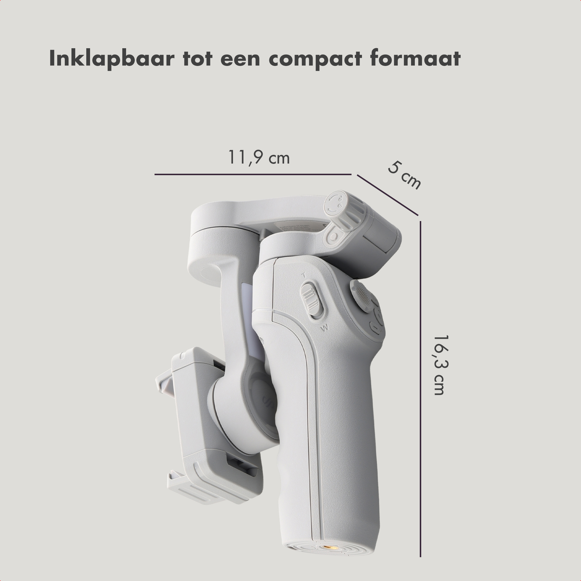 A white foldable gimbal is shown with dimensions: 11.9 cm, 5 cm, and 16.3 cm.