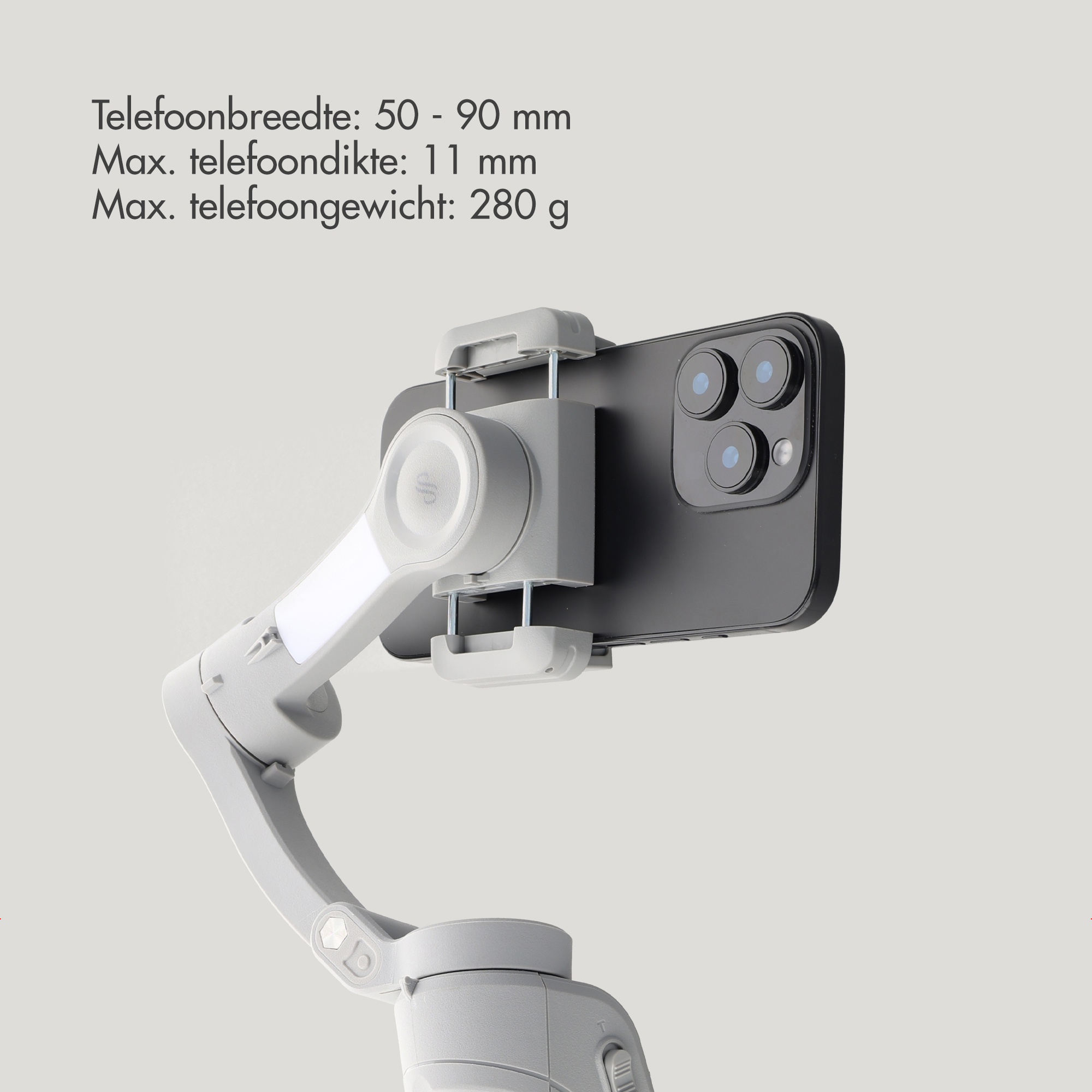 A smartphone on a gimbal stabilizer, with specifications.