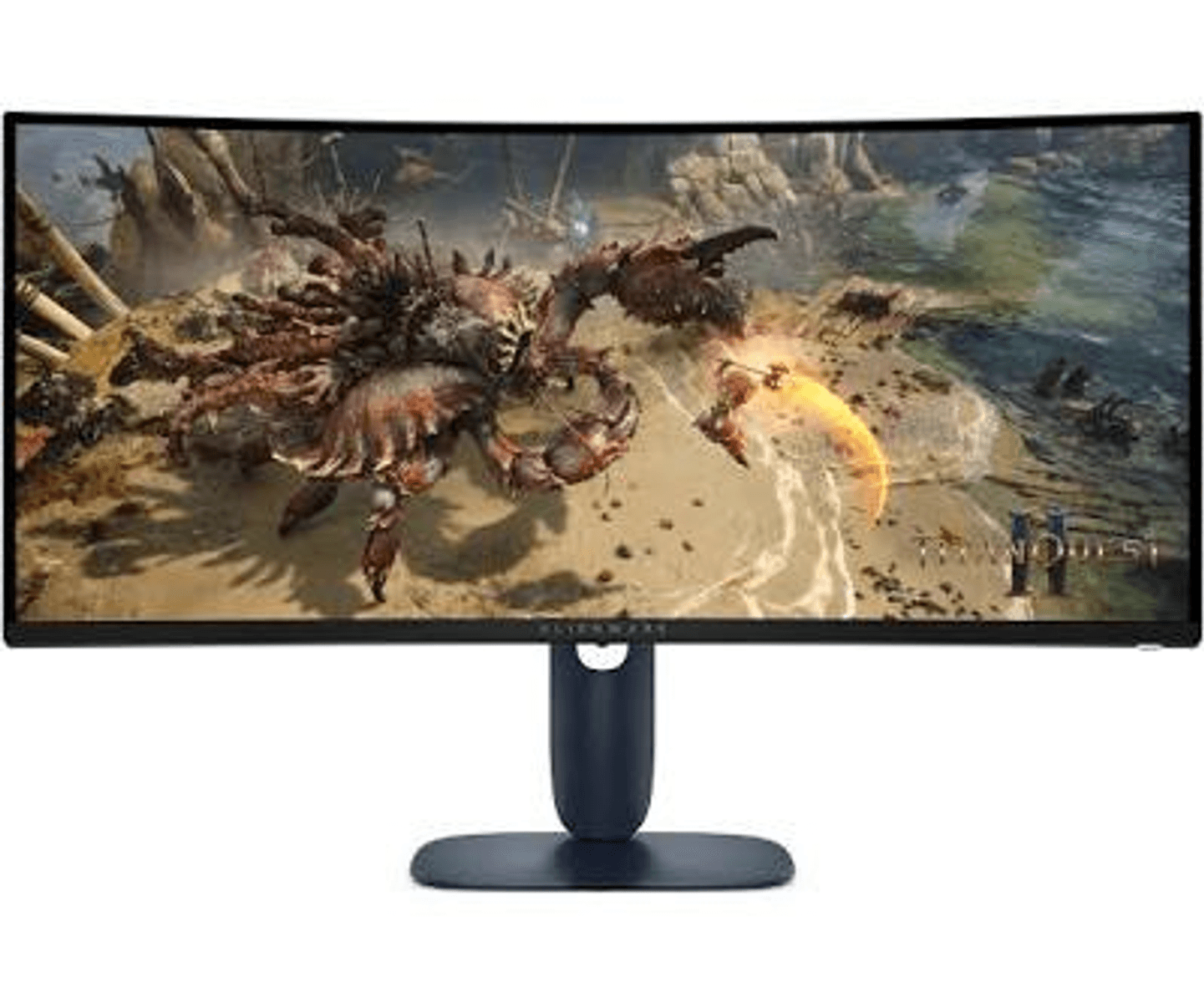 Dev bir yengeç, Alienware monitörde gösterilen bir sahilde bir figürle savaşıyor.