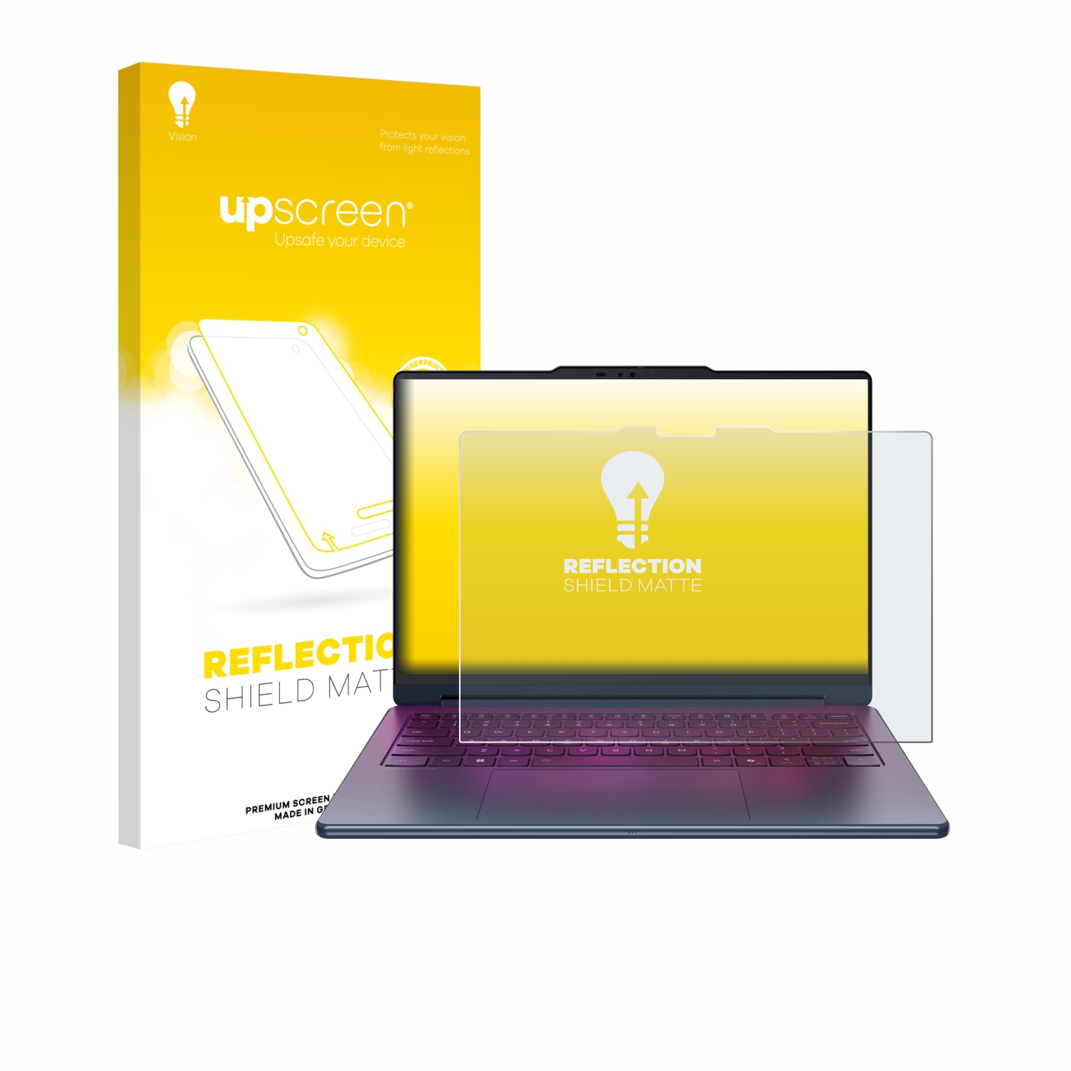 Ein Laptop mit einer auf dem Bildschirm angebrachten Displayschutzfolie und der Verpackung daneben.