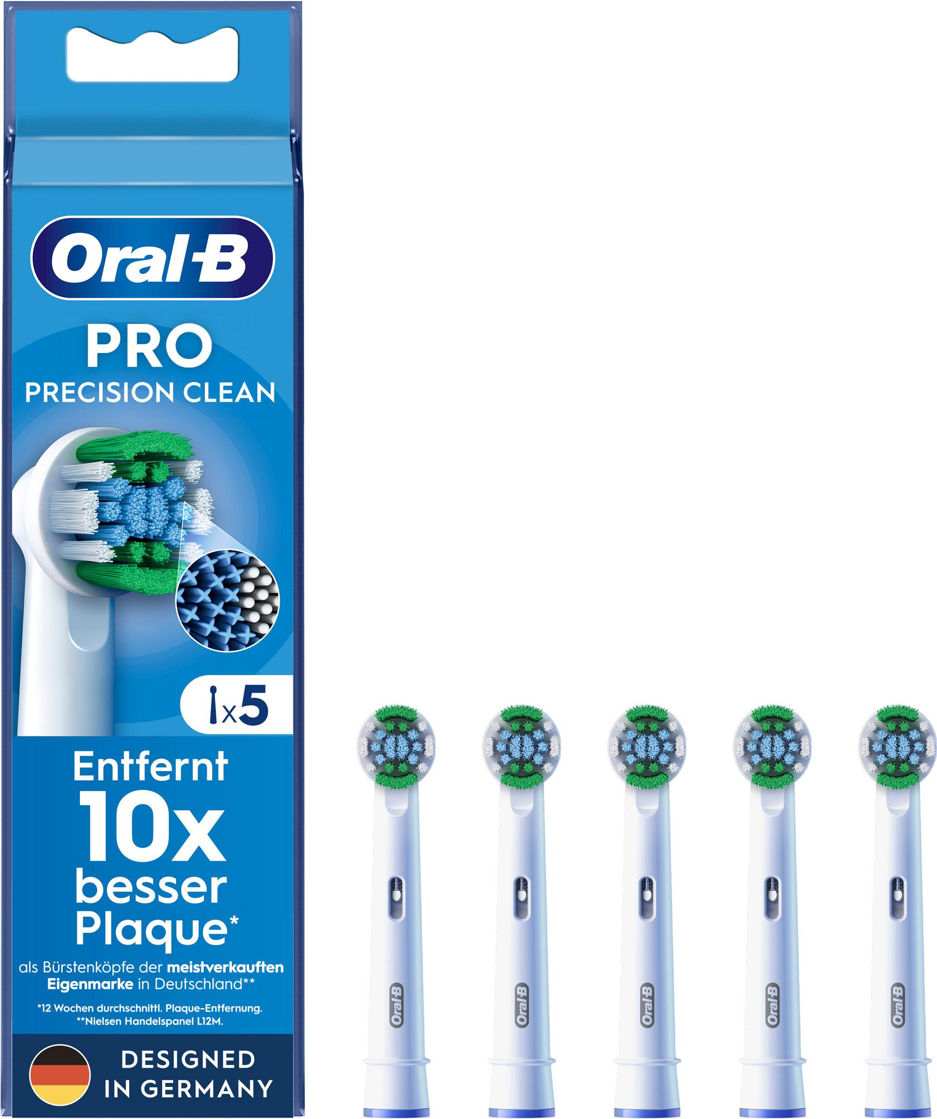 Testine Oral-B Pro Precision Clean, confezione da 5, bianche con setole blu e verdi.
