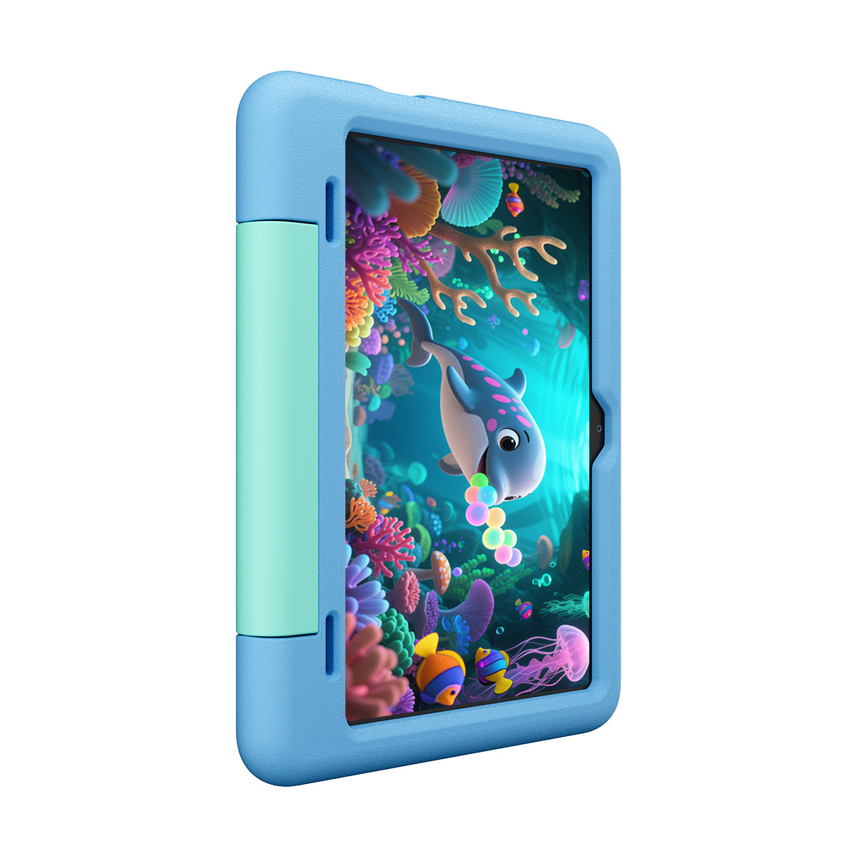 Una custodia blu per tablet con uno schermo che mostra una balena, pesci, coralli e meduse dei cartoni animati.