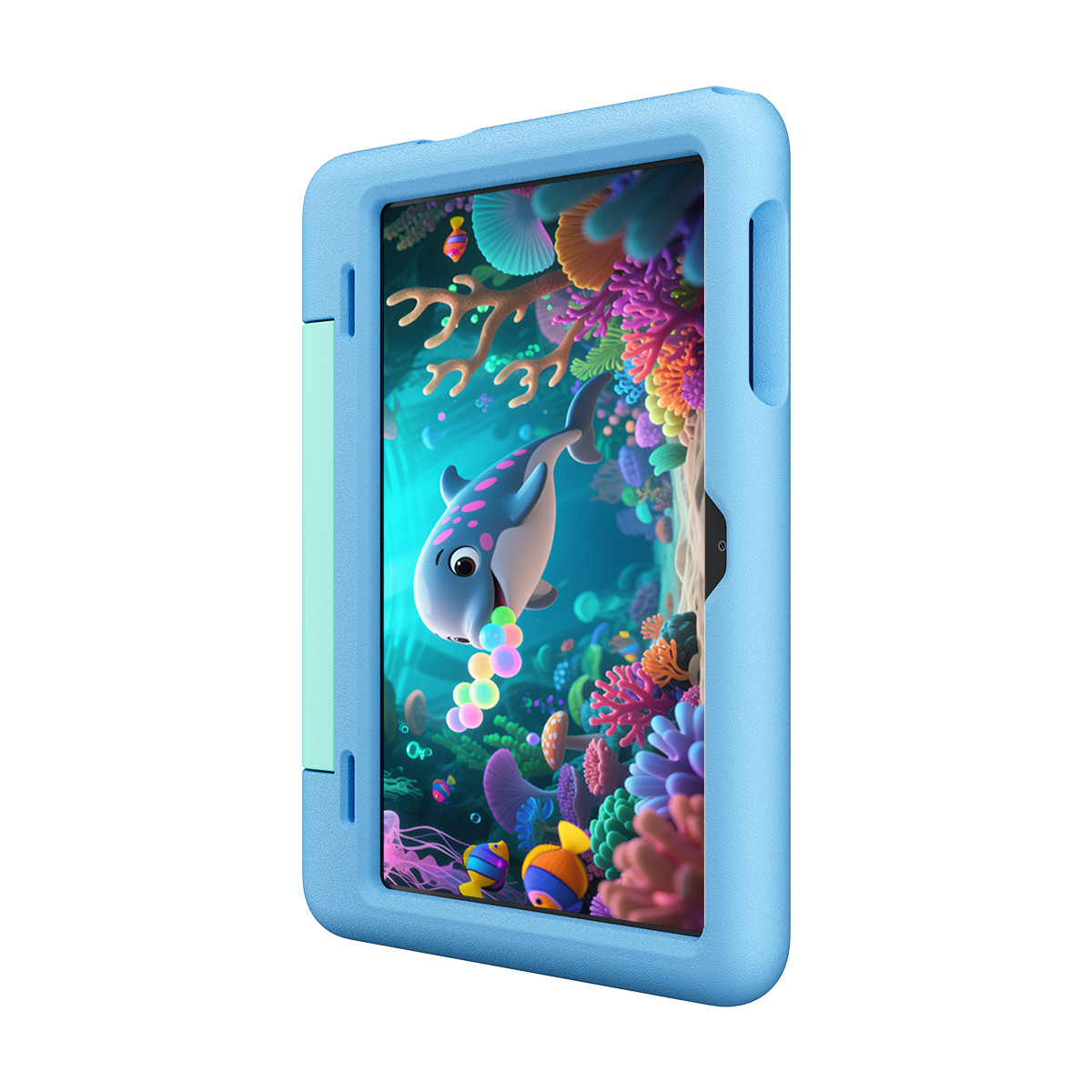 Un tablet blu che mostra una scena subacquea con un delfino e barriere coralline.