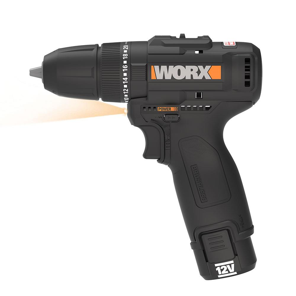 Trapano a batteria Worx nero 12V con accenti arancioni e luce LED.