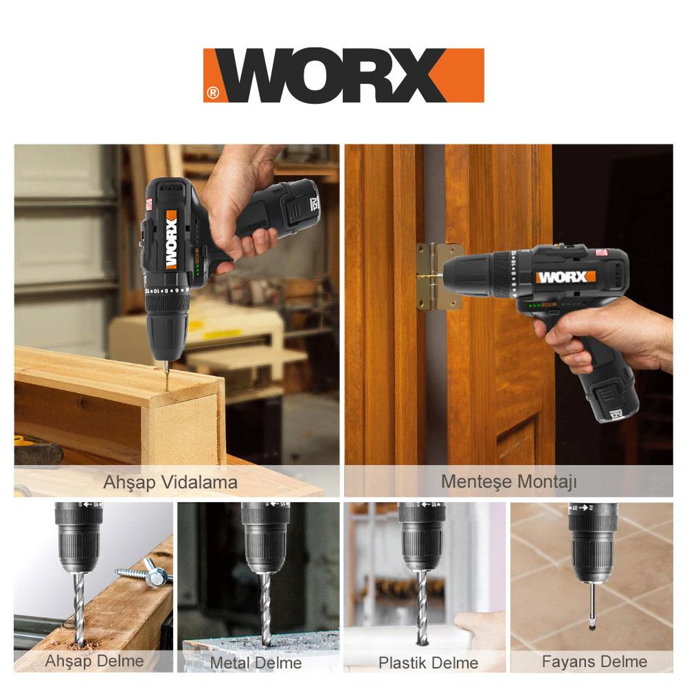 Logo Worx sopra immagini di trapani al lavoro su legno e metallo.