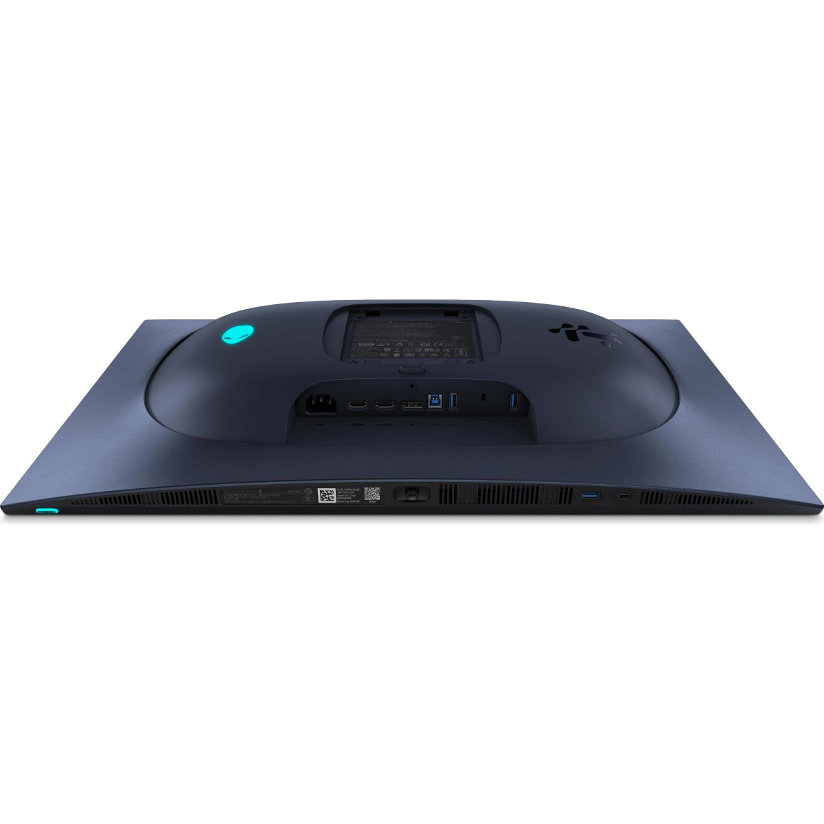 Arrière d'un moniteur sombre avec ports et accent de lumière bleue.