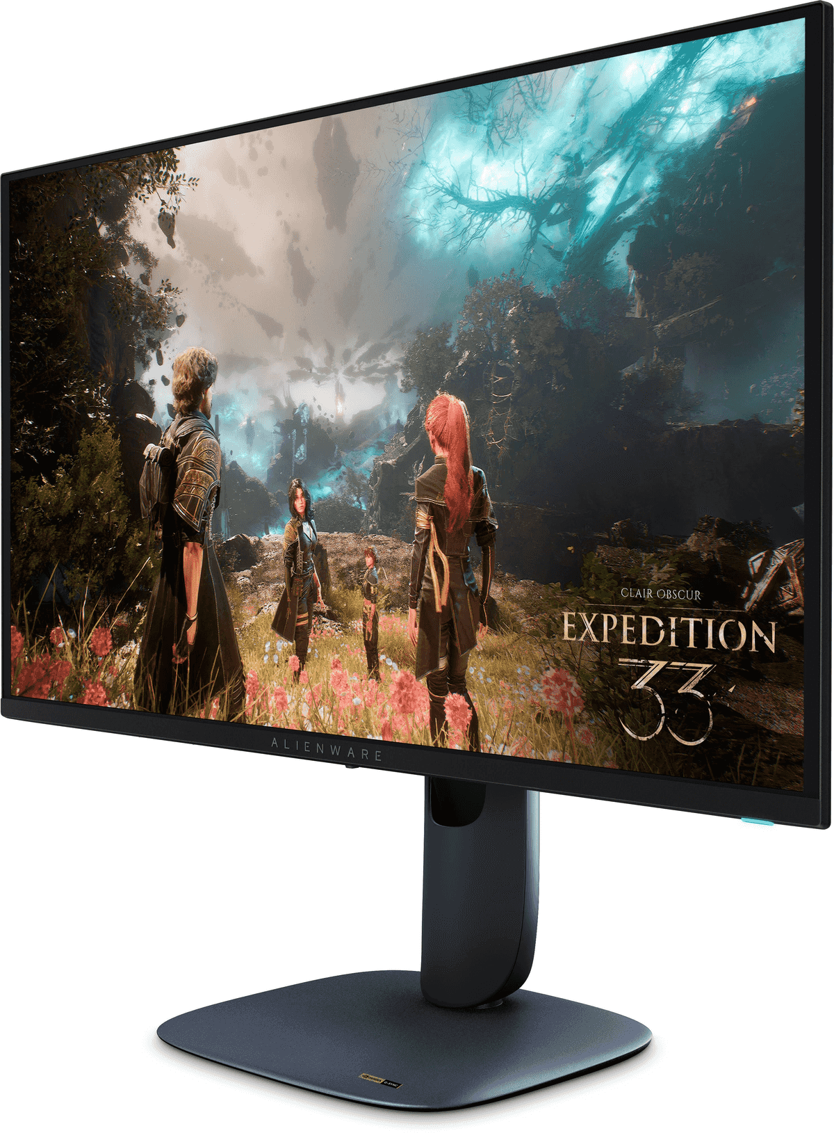 Un moniteur affiche un jeu avec trois personnages dans un paysage fantastique fleuri.