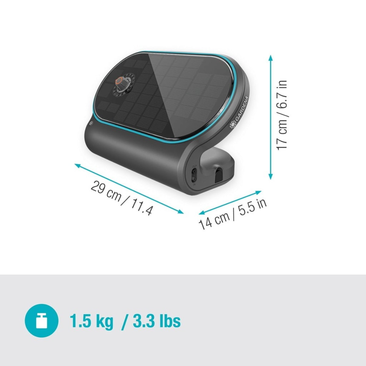 Tosaerba robot Gardena grigio con pannello solare. Dimensioni: 29x14x17cm. Peso 1.5kg.