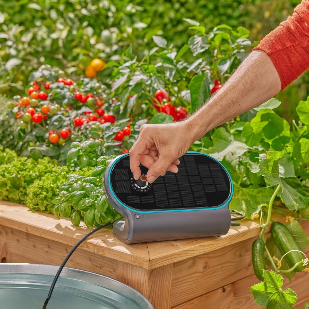 Un uomo regola un dispositivo di irrigazione solare in un giardino.