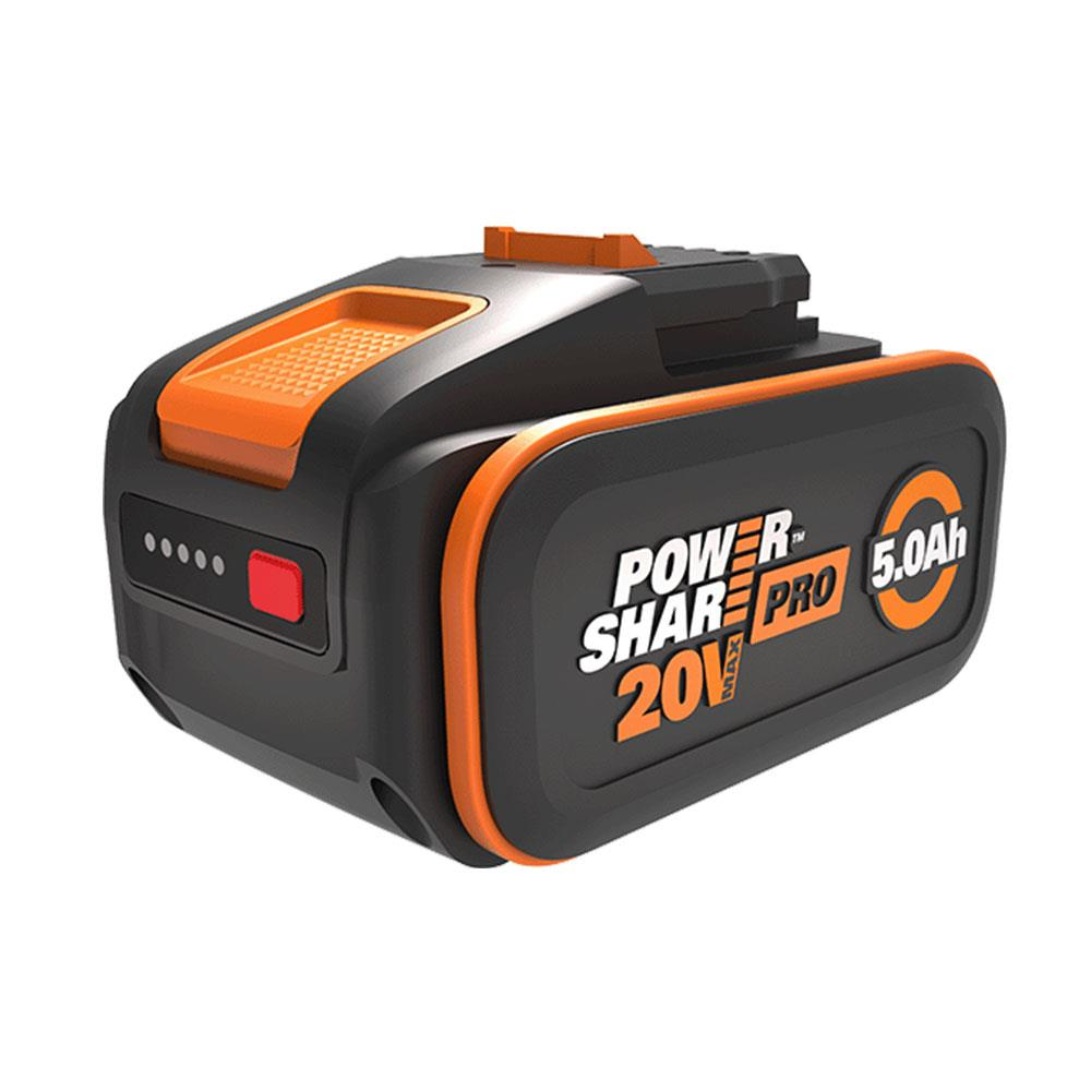 Pacco batteria nero e arancione 20V 5.0Ah con spie di carica e pulsante rosso.