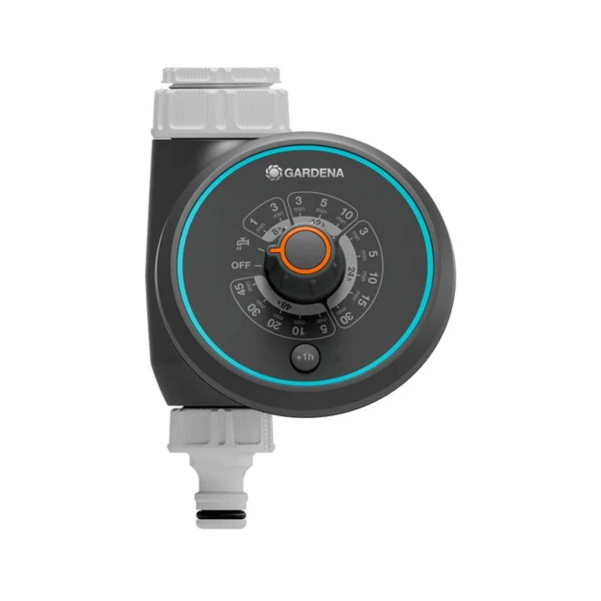 Un timer da irrigazione Gardena grigio con quadrante arancione e accenti blu.