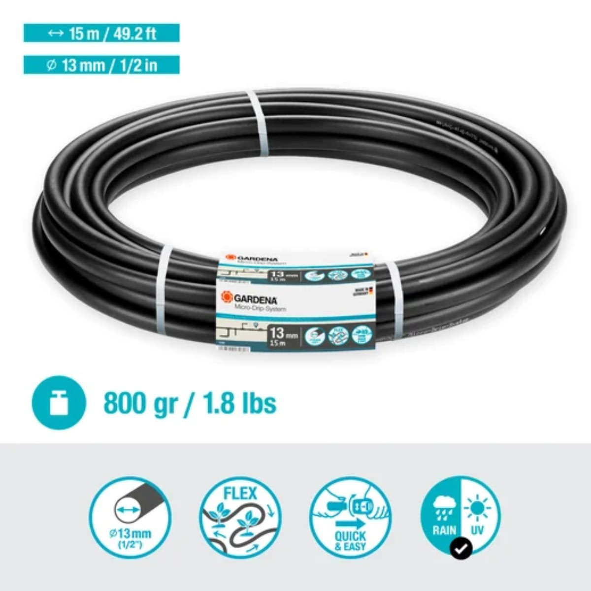 Un tubo micro-irrigazione Gardena nero arrotolato, 15m, diametro 13mm. Pesa 800g.