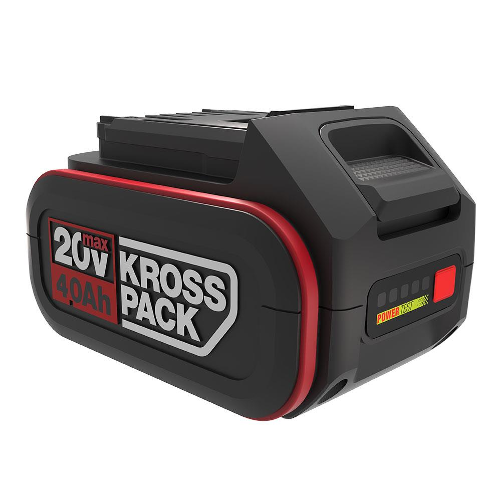 Kırmızı vurgulara sahip siyah pil, üzerinde 20V max KROSS PACK yazısı var.